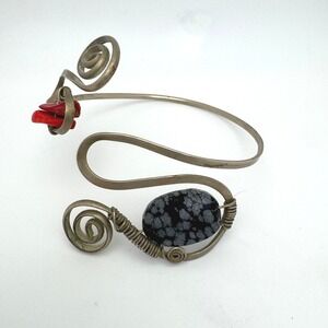 Unique Silver Tone Arm Bracelet Red Coral & Snowflake Obsidian Stone
